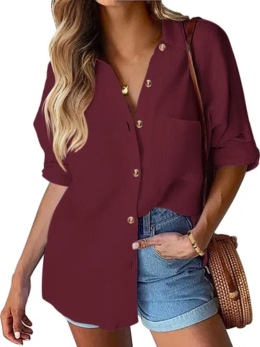 Miniatura 18 de HOTOUCH Camisa de manga larga con botones de lino para mujer, blusa de algodón casual, holgada, con cuello, para trabajo, de gasa, con bolsillo