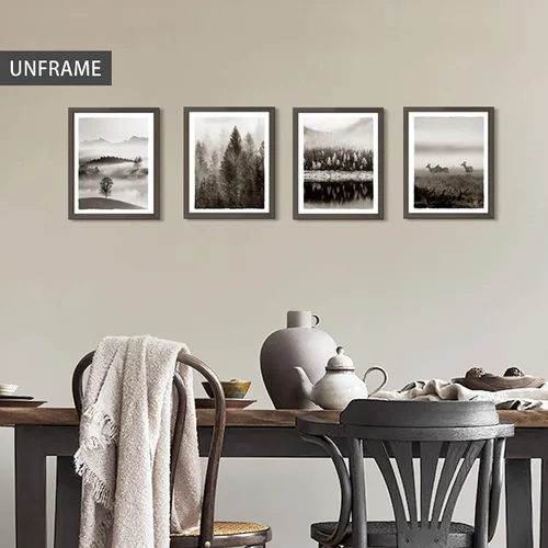 Miniatura 5 de Imágenes de paisajes de la naturaleza, arte para pared, bosque brumoso, árbol, montaña, animales salvajes, ciervos, lago, escena, obra de arte