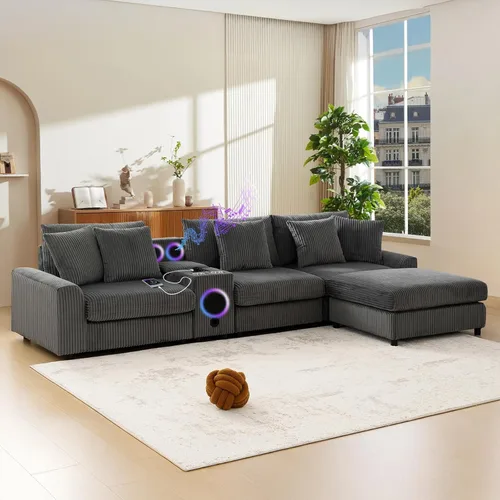 Miniatura 14 de MAKIAAP Sofá modular de pana de 83 pulgadas con altavoces, cómodo sofá biplaza de asiento profundo con otomana móvil, consola, cargador USB, Beige