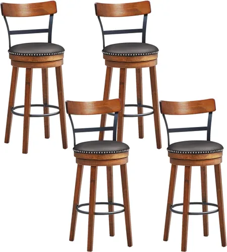Miniatura 13 de COSTWAY Juego de 2 taburetes de bar, taburetes giratorios de 360 grados con asiento acolchado de cuero, respaldo de escalera de un solo listón