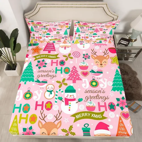 Miniatura 22 de Juego de sábanas con diseño de Papá Noel y muñeco de nieve para niños, niñas y niños, de temática navideña, juego de cama con diseño de árbol