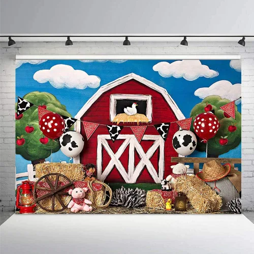 Miniatura 2 de MEHOFOTO - Fondo de cabina de estudio fotográfico de granero rojo de granja, animales rústicos, césped verde, cielo, decoración de fiesta