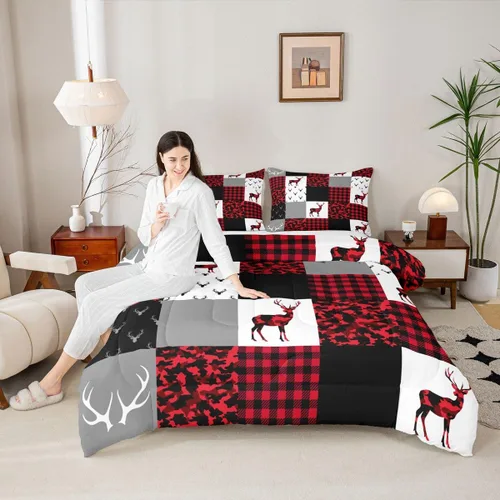 Miniatura 22 de Manfei Rutic Farmhouse - Juego de edredón tamaño King, juego de ropa de cama de retazos de madera a cuadros de ciervo, oso, árbol, 3 piezas