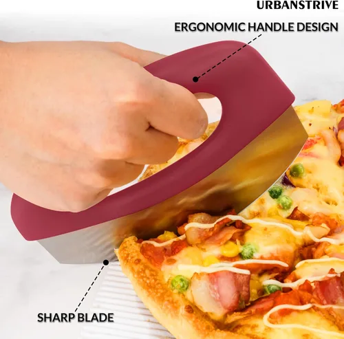 Miniatura 5 de Urbanstrive Cortador de pizza de acero inoxidable resistente con tapa, cuchillo de pizza de hoja súper afilada, cortador de pizza, accesorios de Rojo