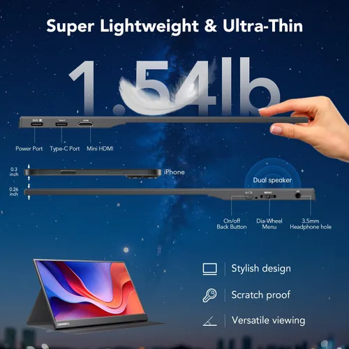 Miniatura 5 de Monitor Portátil de 15.6 Pulgadas 1080P FHD IPS Pantalla de Juegos con USB-C y HDMI, Segunda Pantalla Externa Ultra-Delgada con Cubierta Inteligente