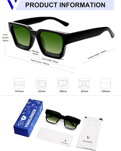 Miniatura 40 de VANLINKER Gafas de sol cuadradas gruesas para hombres y mujeres, retro, rectangulares, con protección UV400, VL9731