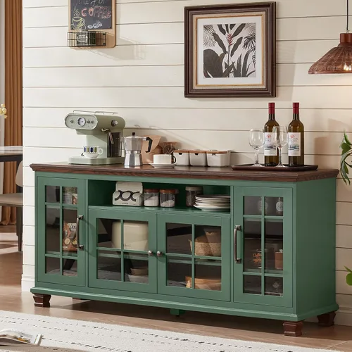 Miniatura 10 de SAVOR LIFE - Aparador grande negro con gabinete de buffet y almacenamiento, credenza vintage de casa de campo de 60" de ancho con puertas de vidrio