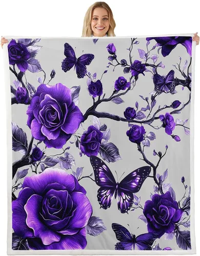 Miniatura 12 de Manta de franela azul rosa para todas las estaciones, manta de cama gótica de mariposa para decoración del hogar kawaii, manta rústica con flores