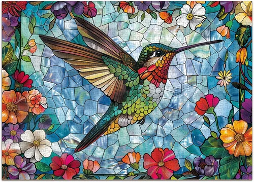 Rompecabezas de colibrí de vidrieras para adultos de 1000 piezas, rompecabezas duros imposibles para adultos, rompecabezas artísticos de 1000 piezas