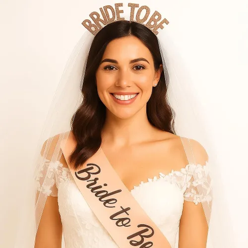 KatchOn, Banda y diadema de oro rosa para la novia, paquete de 2, banda y tiara de novia para decoraciones de despedida de soltera, banda y corona