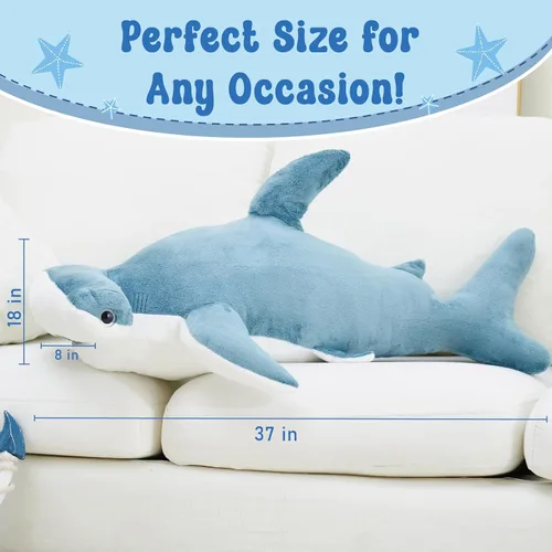 Miniatura 4 de juguete de peluche de tiburón con cabeza de martillo de 37 pulgadas, tiburón gigante suave y realista, tiburón de peluche azul para océano, regalo