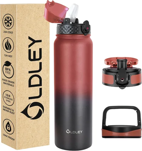 Miniatura 26 de Oldley Botella de Agua Aislada con Pajilla de 20oz, Botellas de Agua de Acero Inoxidable con 3 Tapas, Aislamiento al Vacío de Doble Pared Térmica