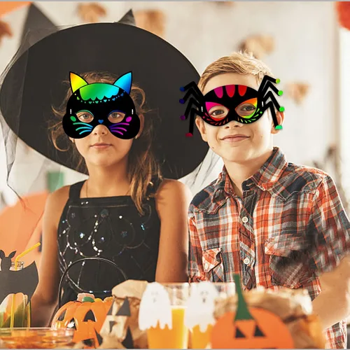 Miniatura 7 de Natonhi 32 piezas de manualidades de Halloween para niños, máscara para rascar arco iris, juegos de Halloween, arte y manualidades, kit de Halloween