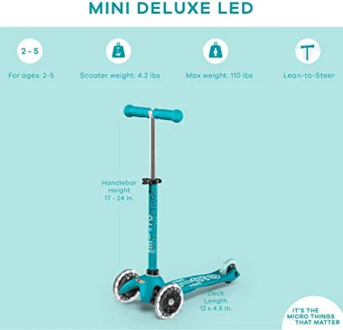 Miniatura 6 de Micro Kickboard Mini scooter LED para niños de 2 a 5 años Niños de hasta 110 libras Diseño de 3 ruedas inclinadas para dirigir Barra en T