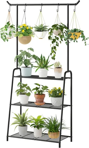 Kitsanery Soporte para plantas para interiores y exteriores, soportes de metal para múltiples plantas, estante colgante de 3 niveles de alto, Negro