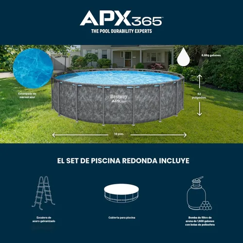 Miniatura 3 de Bestway APX 365 - Piscina sobre el suelo de 18 x 52 pulgadas, juego de piscina redonda con marco de metal con bomba de filtro de arena, escalera