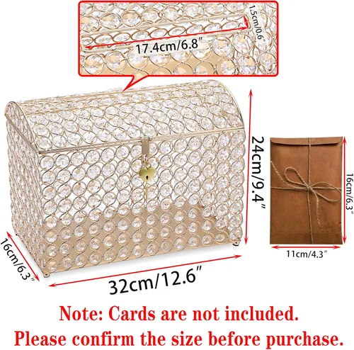Miniatura 2 de ELLDOO Caja de tarjetas de boda de cristal con cierre de corazón, 12.6 x 6.3 x 9.4 pulgadas, caja de tarjetas de dinero estilo cofre del tesoro
