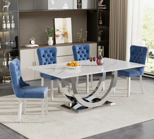 Miniatura 78 de Juego de mesa de comedor de 5 piezas para 4, mesa de cocina de mármol negro de 68 pulgadas con 4 sillas beige, mesa de comedor rectangular moderna
