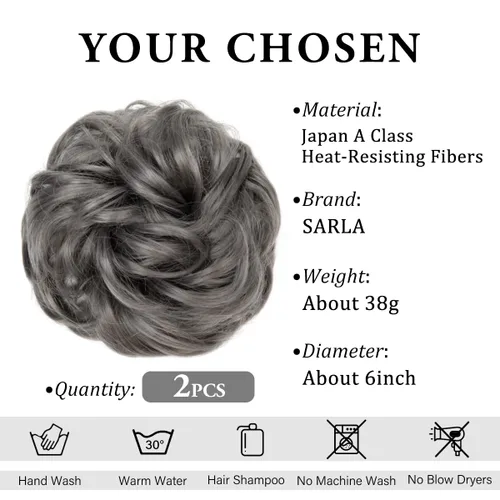 Miniatura 2 de SARLA 2 piezas de cabello gris desordenado moño ondulado sintético Updo falso coletero extensión de cola de caballo para mujeres 171# 2PCS-171#