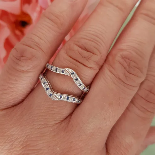 Miniatura 2 de Anillo doble de oro redondo de oro de 14 quilates con zafiro azul y diamante blanco para mujer
