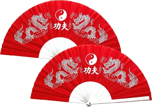 Paquete de 2 abanicos de mano plegables grandes con dragones chinos para decoración del hogar, raves, festivales, conciertos, espectáculos - 13 Rojo