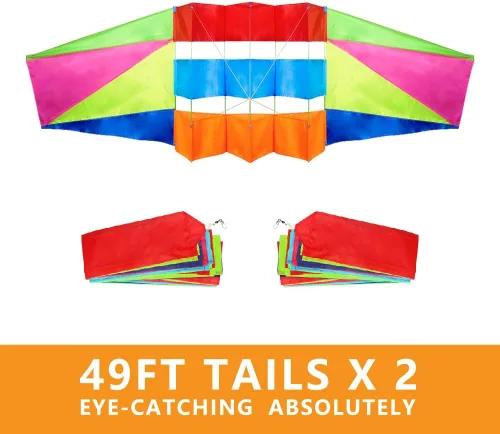 Miniatura 5 de Cometas de playa para adultos grandes con cola larga, 98 pulgadas Super Easy Flyer 3D Rainbow Box Kites, viene con dos colas de varios colores de 49