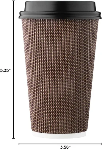 Miniatura 9 de Paquete de 85 tazas de café desechables de 16 onzas, vasos de papel de doble pared con tapas, diseño geométrico marrón, tazas de papel calientes