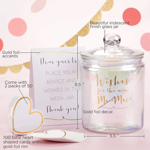 Miniatura 6 de Kate Aspen Tarro iridiscente de deseos de boda con 100 tarjetas en forma de corazón, libro de invitados, decoraciones de despedida de soltera