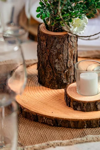 Miniatura 6 de Juego de (12) rebanadas de madera natural de 10-11 pulgadas, decoraciones rústicas para fiestas, decoración rústica de boda, galletas de madera (12)