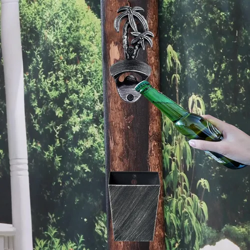 Miniatura 3 de Abrebotellas de palmera rústica, abridor de botellas montado en la pared con recogedor de tapas drenado para regalos de playa (plata envejecida)