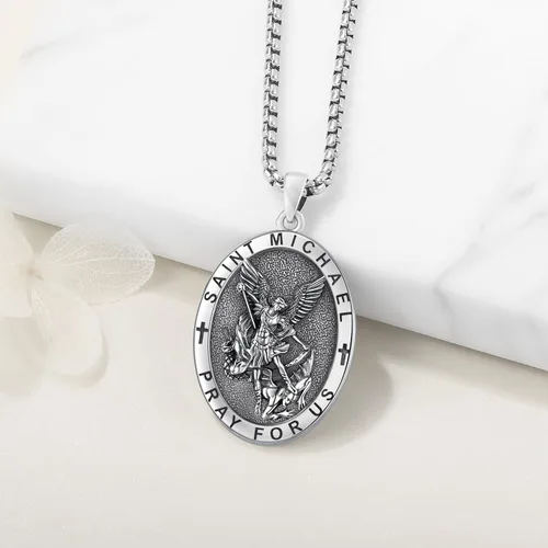 Miniatura 197 de Odinstone Collar de plata de ley 925 con medalla de San Miguel/San Cristóbal/San Benito/Crucifijo de Jesús/San Uriel/Arcángel Rafael para hombres