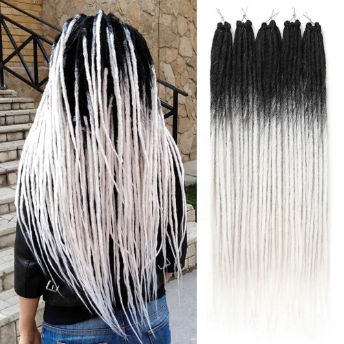 Miniatura 41 de Leeven Extensiones de rastas grises de 40 hebras de 18 pulgadas con terminación única hechas a mano, extensiones de rastas suaves de 0.6 cm