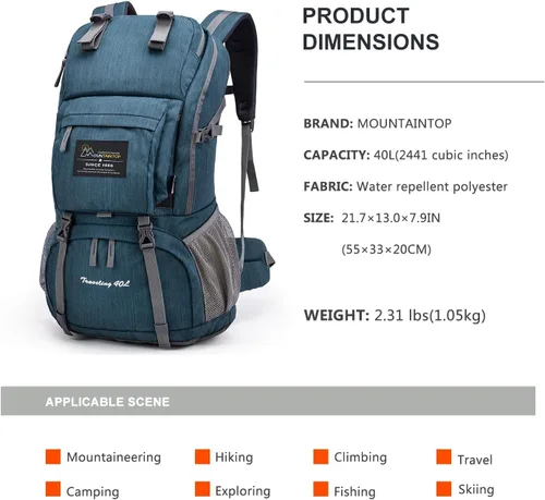 Miniatura 2 de Mochila de senderismo de 40 L de Mountaintop, mochila ligera de viaje para hombres y mujeres, mochila para acampar al aire libre y hacer senderismo