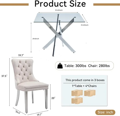 Miniatura 3 de Juego de 4 mesas de comedor de cristal para 4, juego de 4 mesas y sillas de cocina modernas, juego de mesa de comedor de cocina de 5 piezas con mesa