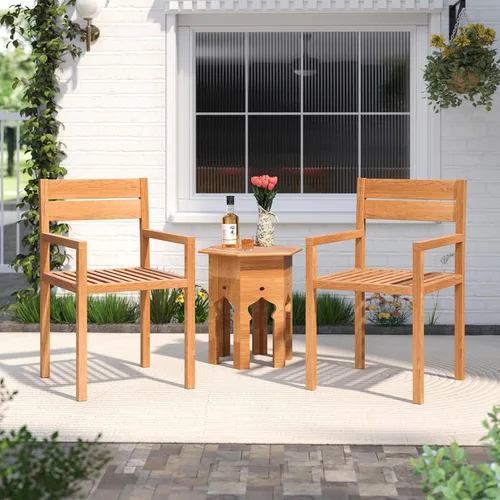 Miniatura 2 de HAPPYGRILL Silla de comedor de madera de teca, sillón de muebles de madera para exteriores con asiento y respaldo de listones, para patio trasero