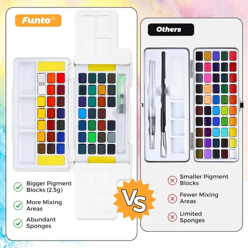 Miniatura 6 de Funto Juego de pintura de acuarela, 48 colores, bloc de tutorial, 8 pinceles, pincel de agua y más, juego de pintura para adultos, principiantes