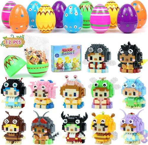 Mini bloques de construcción de animales, paquete de 12 unidades, recuerdos de fiesta para construcción de niños, huevos de Pascua precargados con