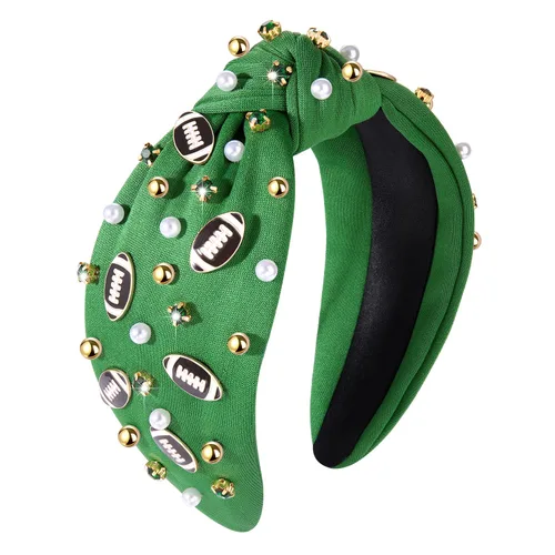 Miniatura 9 de Diadema de fútbol para mamá, accesorios de perlas con diamantes de imitación anudados, banda ancha para el pelo negra, diadema de nudo superior