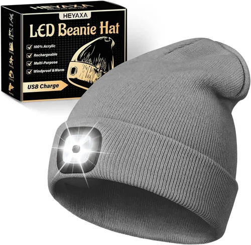 Miniatura 14 de HEYAXA Gorro LED unisex con luz, gorro con linterna frontal recargable, rellenos para calcetines, regalos de Navidad para hombres, gorro tejido