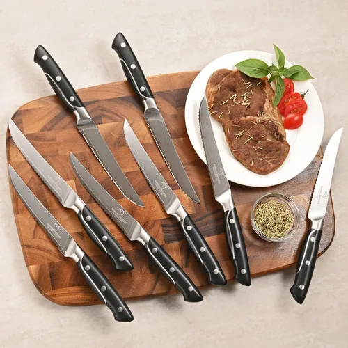 Miniatura 6 de Juego de cuchillos de cocina de Damasco de 18 piezas, 8 cuchillos de carne, mango ergonómico de ABS antideslizante triple remache para tenedor