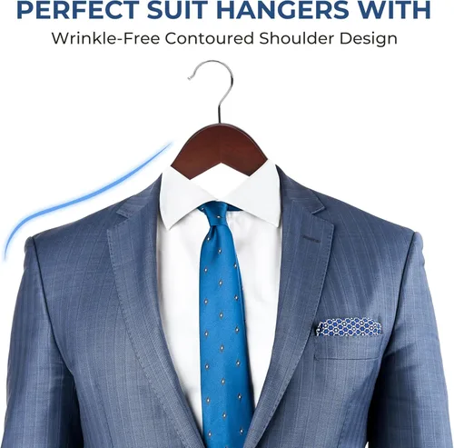 Miniatura 3 de JS HANGER Perchas de madera para traje, paquete de 20 perchas de madera de alta calidad de 17.5 pulgadas con barra antideslizante para pantalones