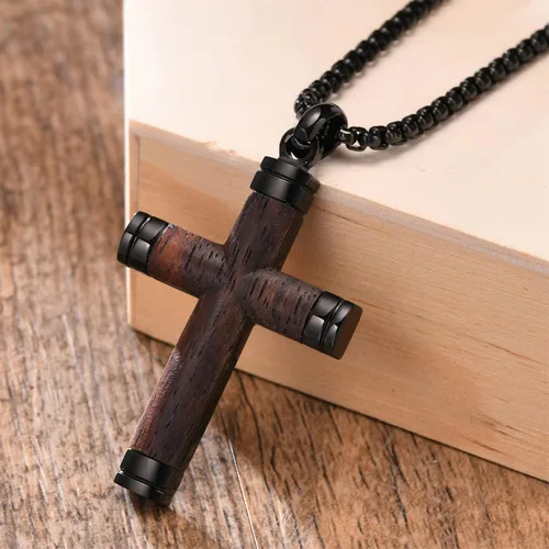 Miniatura 8 de Collar de cruz de madera para hombre, sándalo real con incrustaciones a mano collares de cruz para hombre, colgante de crucifijo de acero inoxidable