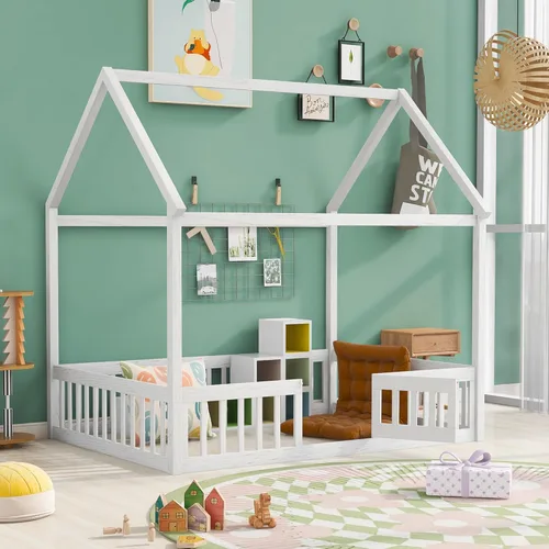 Miniatura 22 de Quarte Cama de madera de tamaño individual con valla y puerta, cama de madera en el suelo para niños y niñas, fácil montaje (gris lavado/valla y D1)