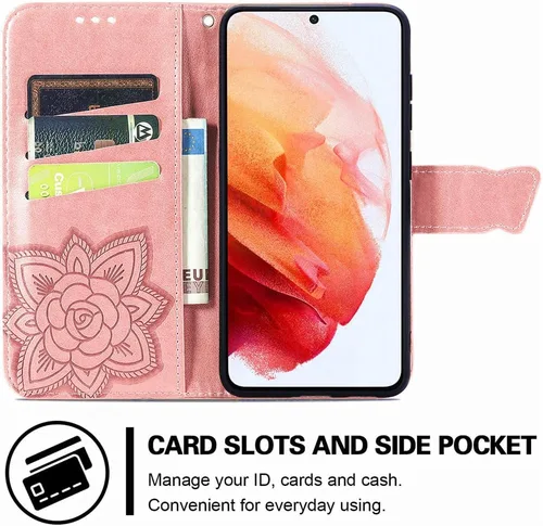 Miniatura 2 de Funda para Samsung Galaxy S21 FE, Samsung S21 FE 5G, piel sintética de alta calidad con diseño de mariposa en relieve, función atril, ranuras