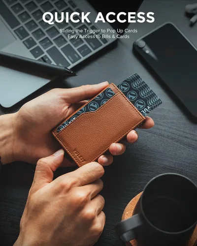 Miniatura 2 de VULKIT Tarjetero con ventana de identificación tarjetas emergentes cartera delgada de cuero con protección RFID hasta 12 tarjetas Marrón Minimalista