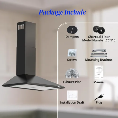 Miniatura 9 de FIREGAS Campana extractora negra de 30 pulgadas, campana extractora de montaje en pared con luces LED, ventilador de escape de 3 velocidades, Negro