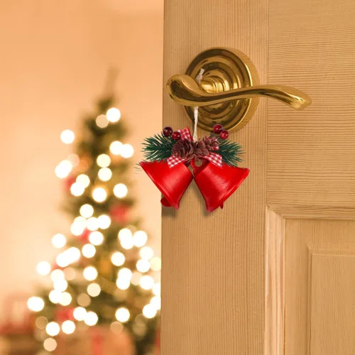 Miniatura 6 de Adorno rojo de campanas de Navidad, adorno colgante de árbol de cascabeles de metal para decoración de Navidad, suministros de fiesta de vacaciones