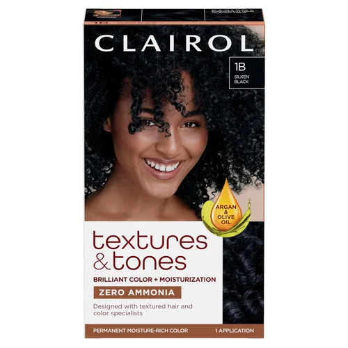 Clairol Textures & Tones - Tinte permanente para el cabello, color de cabello negro sedoso 1B, paquete de 1 unidad 1B negro sedoso