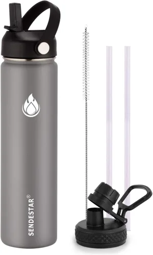 Miniatura 17 de SENDESTAR Botella de agua aislada de 24 onzas, boca ancha, botella de agua de 24 onzas con tapa con popote, tapa de boquilla, acero inoxidable
