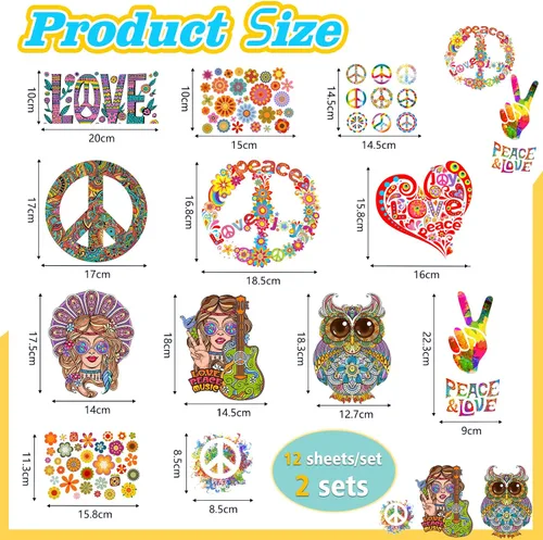 Miniatura 4 de Containlol 12 hojas de parches hippie para planchar, calcomanías de transferencia de calor para ropa, primavera, paz, amor, corazón, flor, apliques